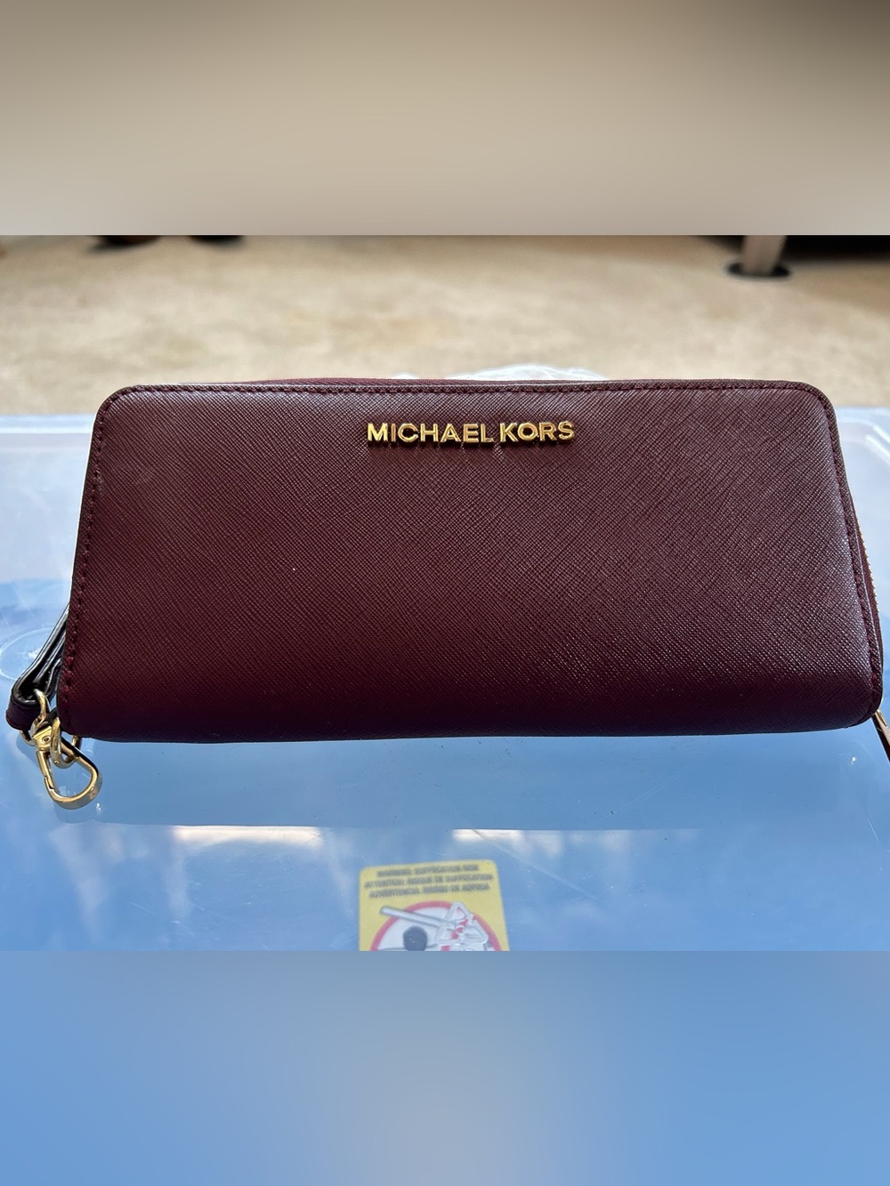 Michael Kors Deep Wine Saffiano Leather Wallet with Gold Logo